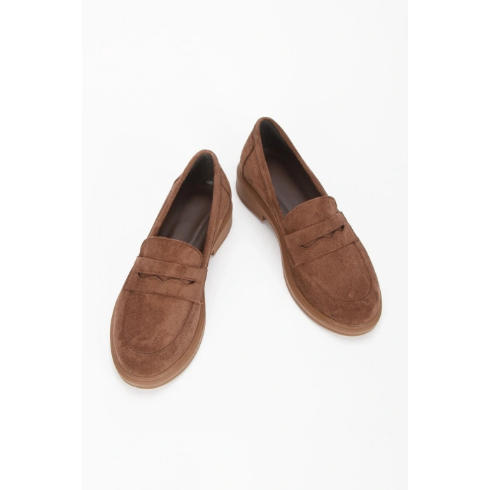 Kadın Kahverengi Süet Düz Kalın Tabanlı Rahat Loafer Ayakkabı