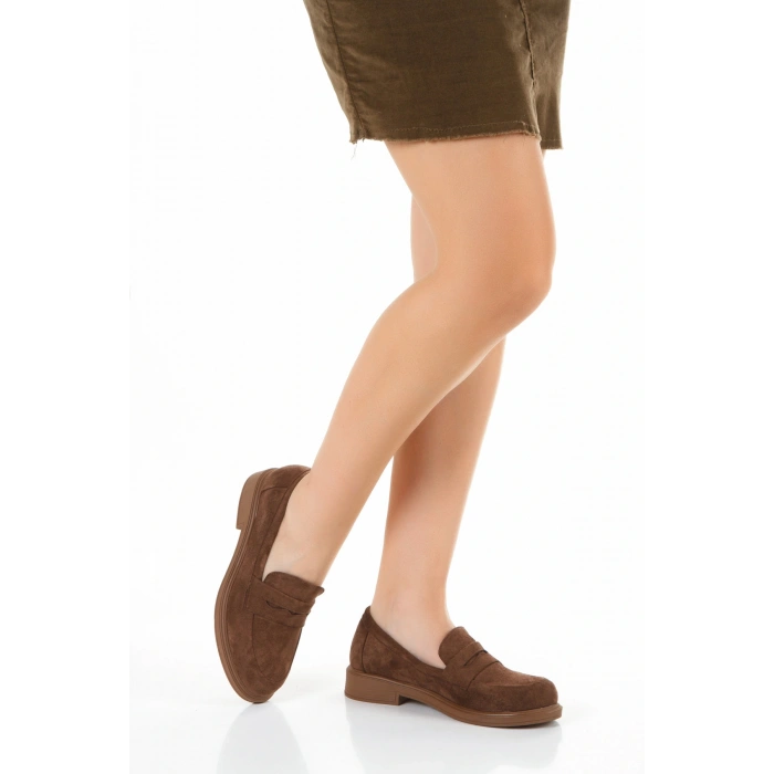 Kadın Kahverengi Süet Düz Kalın Tabanlı Rahat Loafer Ayakkabı