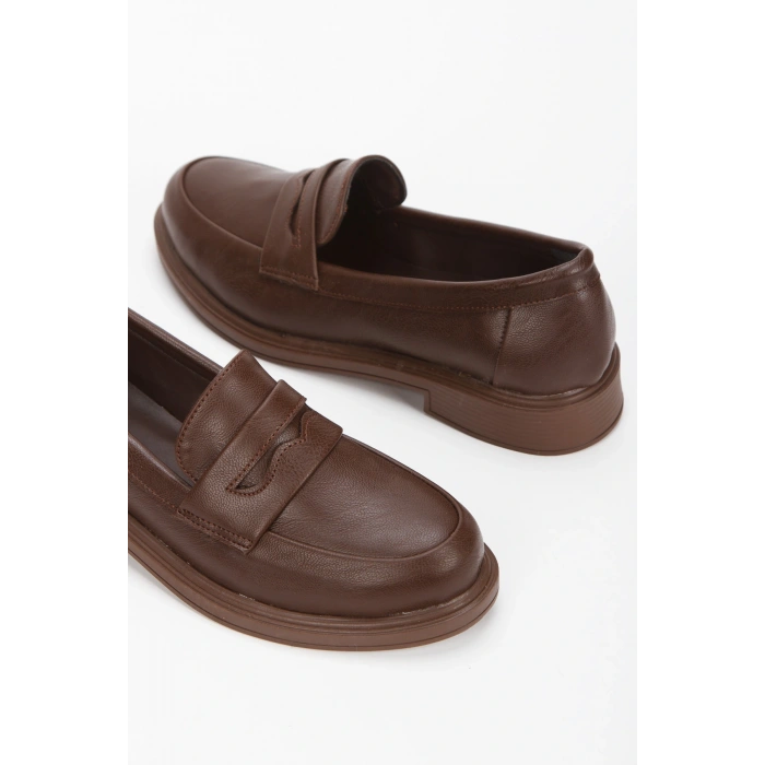 Kadın Kahverengi Suni Deri Kalın Tabanlı Rahat Loafer Ayakkabı