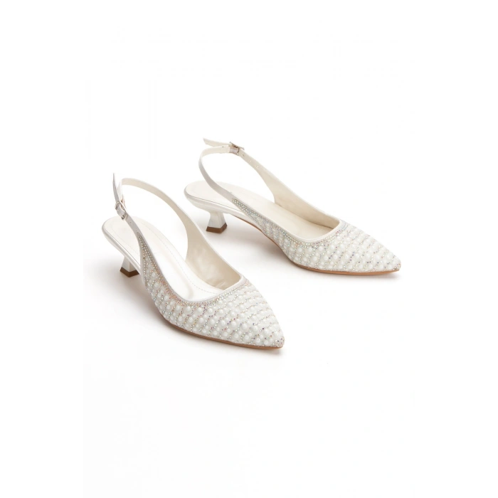 Kadın Sedef İnci Damla Taşlarla Bezenmiş İnce Kısa Topuklu Rahat Stiletto