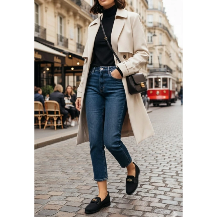 Kadın Siyah Suni Deri Düz Topuklu Şık Toka Detaylı Rahat Babet Ayakkabı