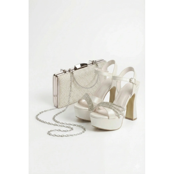 Kadın Sedef  Yüksek Platformlu Kalın Topuklu Şık 3 Sıra Taş Detaylı Rahat Abiye Ayakkabı ve Çanta Kombini