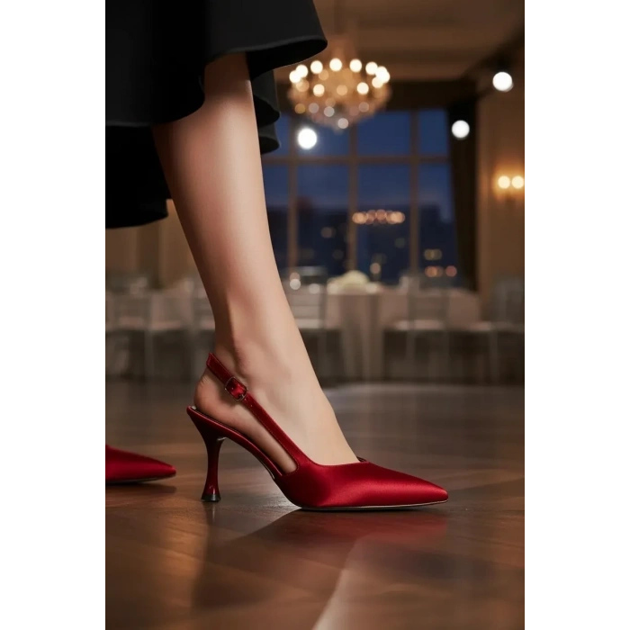 Kadın Bordo Saten İnce Topuklu Sivri Burunlu Arkası Açık Şık Abiye Stiletto