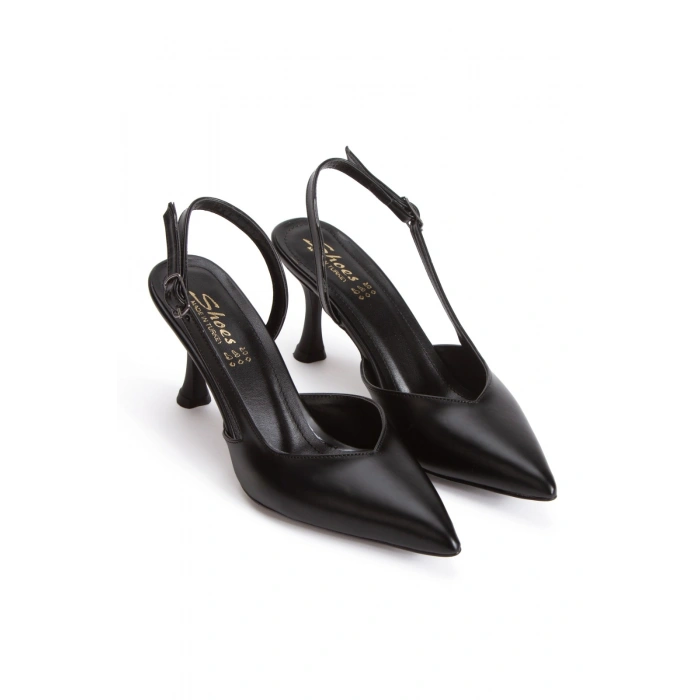 Kadın Siyah Suni Cilt İnce Topuklu Sivri Burunlu Arkası Açık Şık Abiye Stiletto