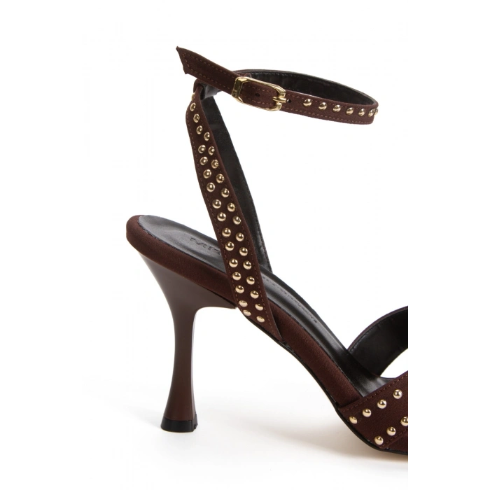 Kadın Kahverengi İnce Topuklu Sivri Burunlu Kedigözü ve Drop Detaylı Şık Abiye Stiletto
