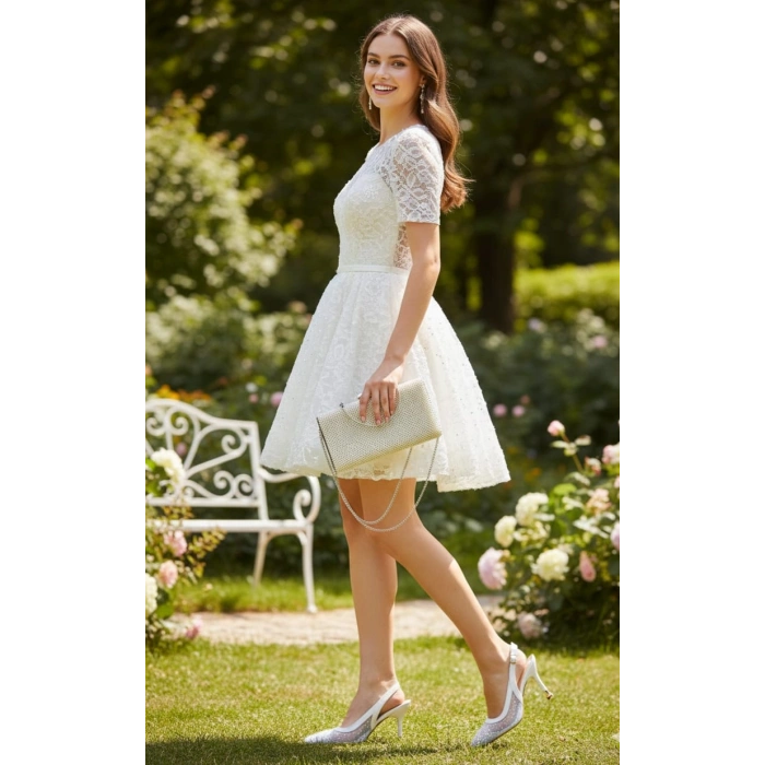 Kadın Sedef Parlak Damla Taşlarla Bezenmiş Fileli İnce GalvanizTopuklu Rahat Abiye Stiletto ve Çanta Kombini