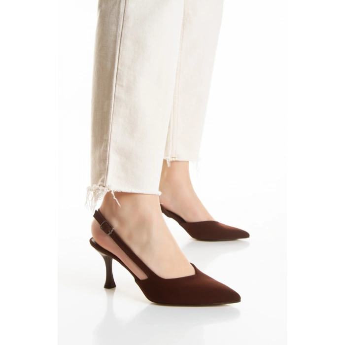 Kadın Kahverengi İnce Topuklu Sivri Burunlu Arkası Açık Şık Abiye Stiletto