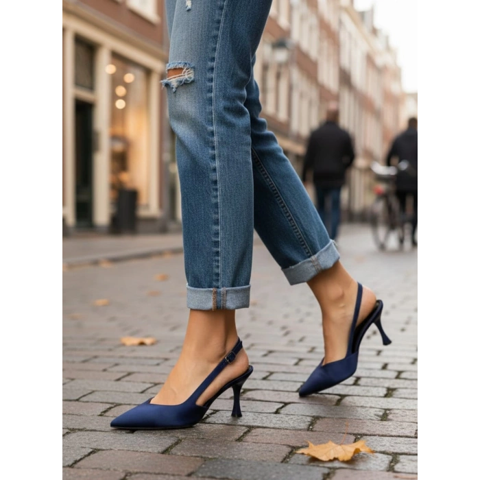 Kadın Lacivert Saten İnce Topuklu Sivri Burunlu Arkası Açık Şık Abiye Stiletto