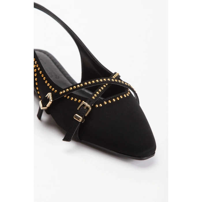 Kadın Siyah Düz Topuklu Şık Toka ve Drop Detaylı Rahat Babet Ayakkabı