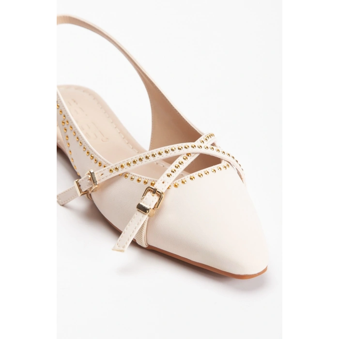 Kadın Bej Düz Topuklu Şık Toka ve Drop Detaylı Rahat Babet Ayakkabı