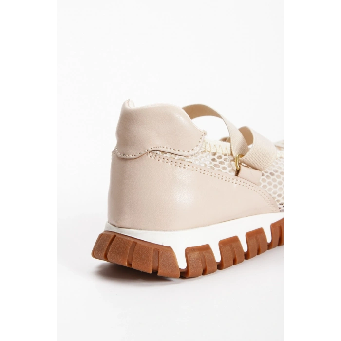 Kadın Bej Cırt Cırtlı Kalın Tabanlı Ortopedik Fileli Günlük Rahat ve Şık Spor Ayakkabı