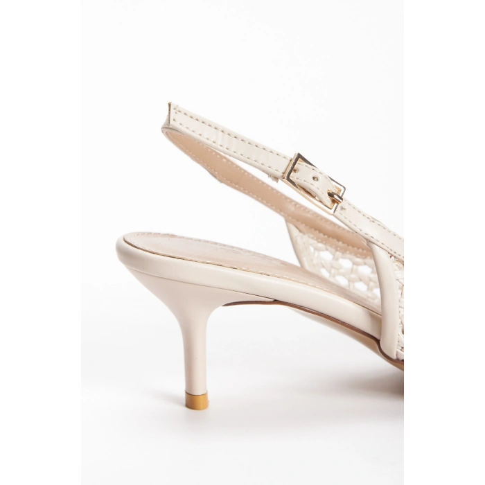 Kadın Bej İnce Topuklu Sivri Burunlu File Örgü  Detaylı Şık Abiye Stiletto