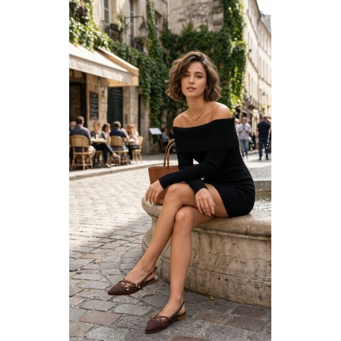 Kadın Kahverengi Düz Topuklu Şık Toka ve Drop Detaylı Rahat Babet Ayakkabı