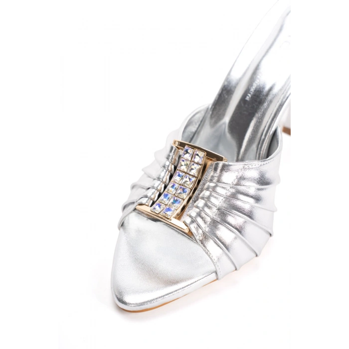 Kadın Gümüş İnce Topuklu Sivri Burunlu Pileli Şık Pırlanta Taş Detaylı Özel Gece ve Çeyiz Terliği