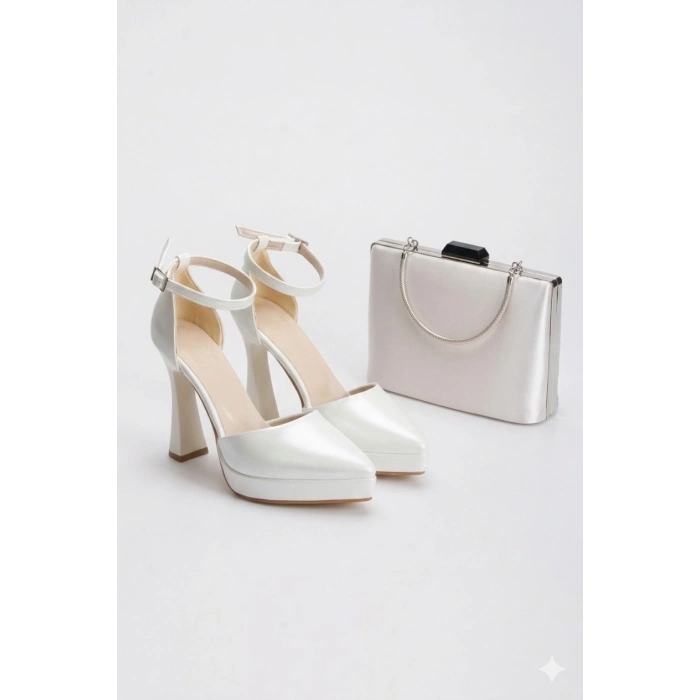 Kadın Sedef İnce Topuklu Hafif Platformlu Sivri Burunlu Şık Abiye Stiletto ve Çanta Kombini