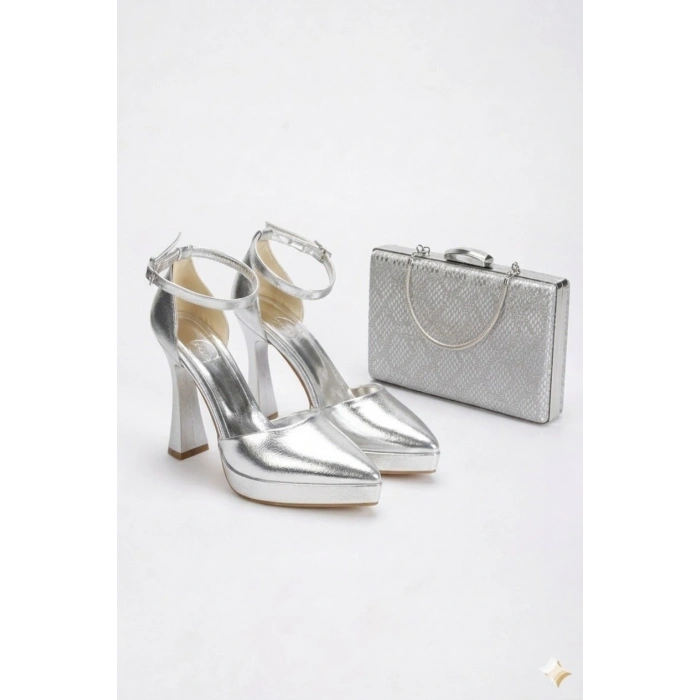 Kadın Gümüş İnce Topuklu Hafif Platformlu Sivri Burunlu Şık Abiye Stiletto ve Çanta Kombini