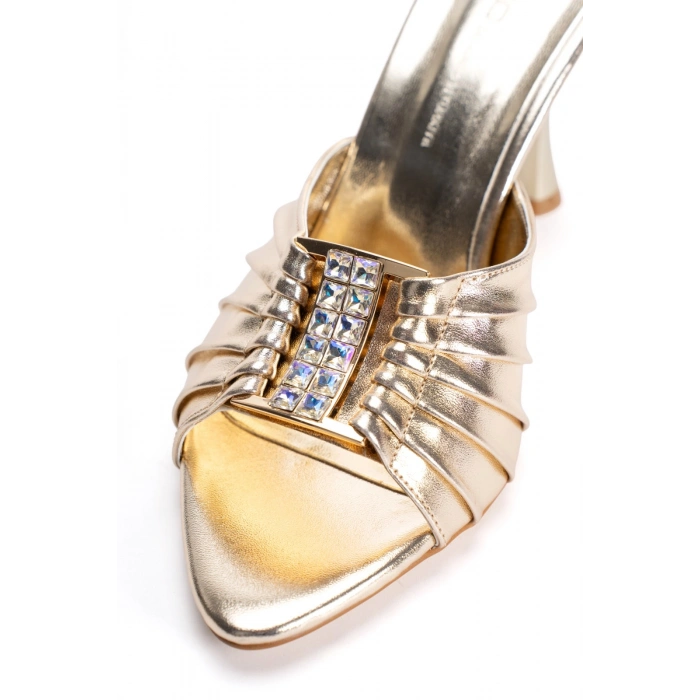 Kadın Altın  İnce Topuklu Sivri Burunlu Pileli Şık Pırlanta Taş Detaylı Özel Gece ve Çeyiz Terliği