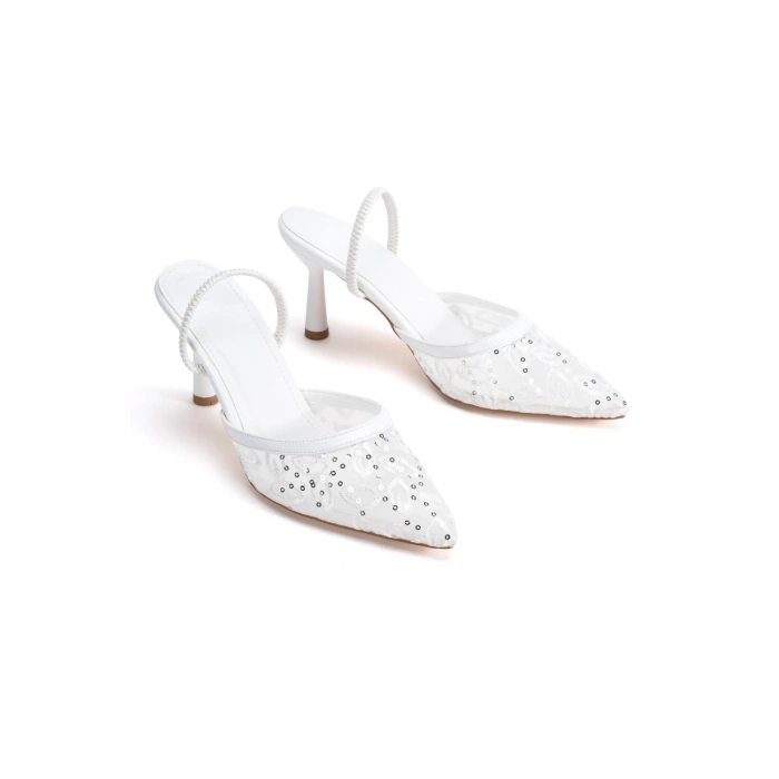 Kadın Sedef İnce Topuklu Sivri Burunlu Fileli Arkası Lastikli Şık Abiye Stiletto