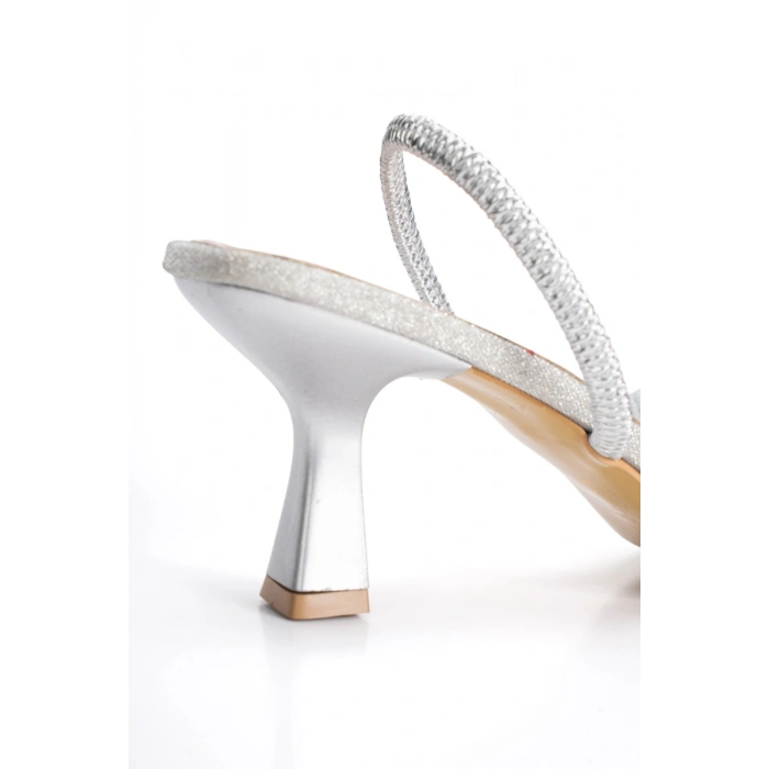 Kadın Gümüş İnce Topuklu Sivri Burunlu Fileli Arkası Lastikli Şık Abiye Stiletto