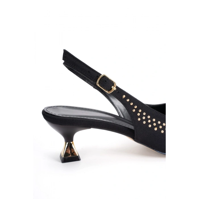 ​​​​​​​Kadın Siyah 5 cm Kısa Galvaniz Topuklu Drop Detaylı Sivri Kapalı Burunlu Şık Yazlık Gece Ayakkabısı