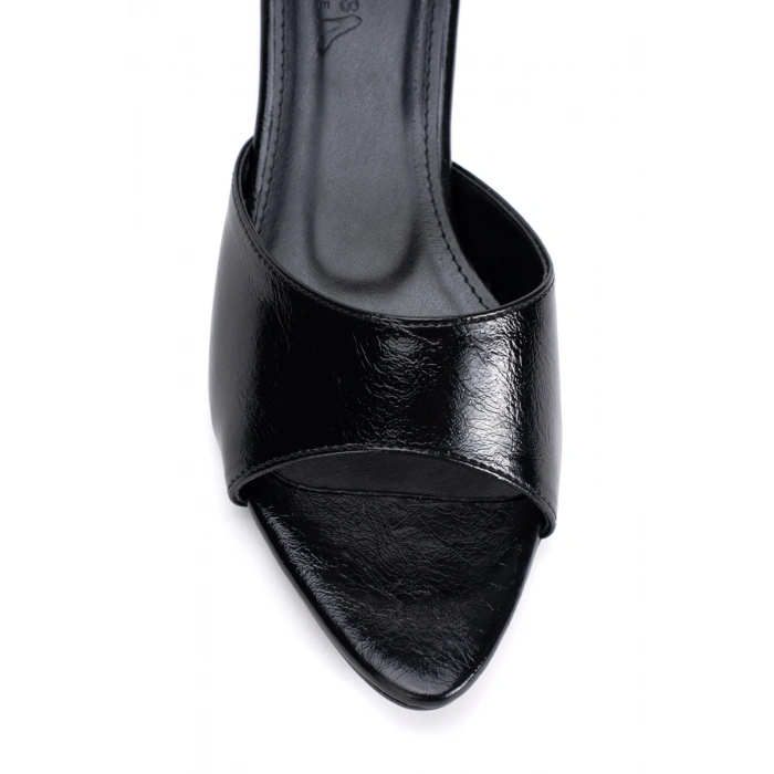 Kadın Siyah Kırışık Rugan 3,5 cm Alçak Topuklu Rahat ve Şık Terlik