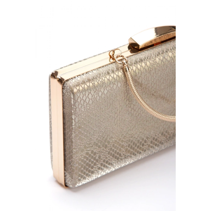 Kadın Altın İnce Topuklu Sivri Burunlu Arkası Açık Şık Abiye Stiletto ve Çanta Kombini