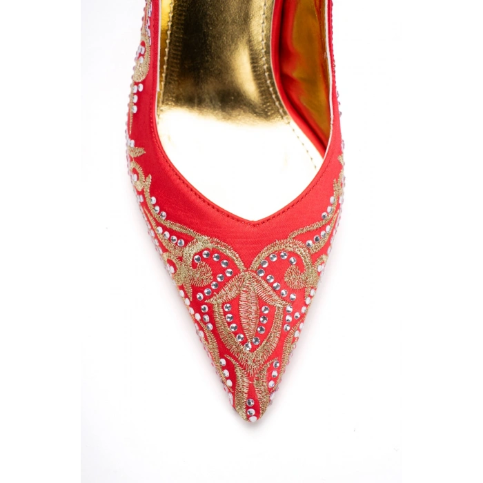 Kadın Kırmızı Piko İşlemeli  İnce Topuklu Sivri Burunlu Arkası Açık Şık Abiye Stiletto