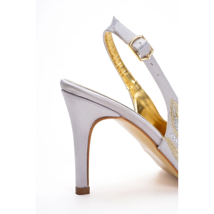 Kadın Gümüş  Piko İşlemeli İnce Topuklu Sivri Burunlu Arkası Açık Şık Abiye Stiletto