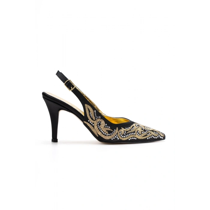 Kadın Siyah Piko İşlemeli İnce Topuklu Sivri Burunlu Arkası Açık Şık Abiye Stiletto