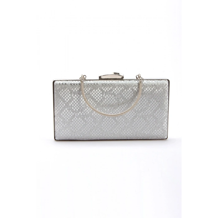 Kadın Gümüş Kedigözü Detaylı Platformlu ve Kalın Topuklu Rahat ve Şık Abiye Ayakkabı ve Çanta Kombini