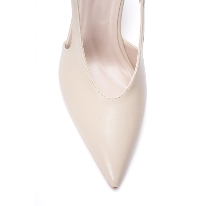 Kadın Bej Suni Deri  İnce Topuklu Sivri Burunlu Arkası Açık Şık Abiye Stiletto