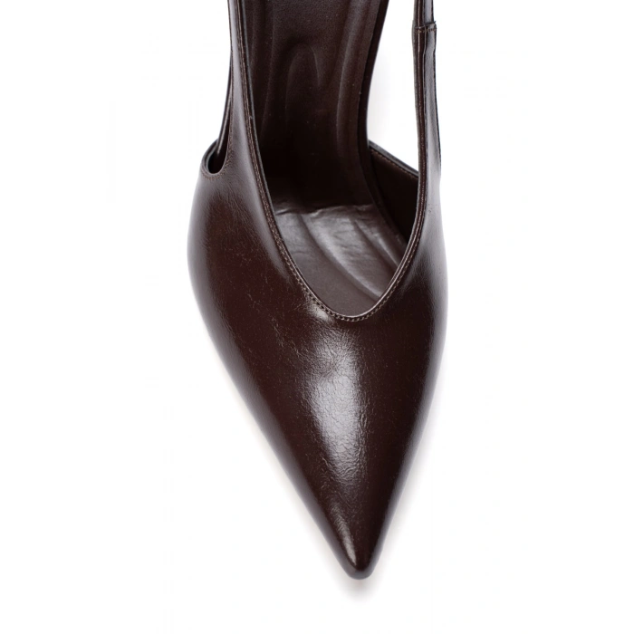 Kadın Kahve Suni Deri İnce Topuklu Sivri Burunlu Arkası Açık Şık Abiye Stiletto