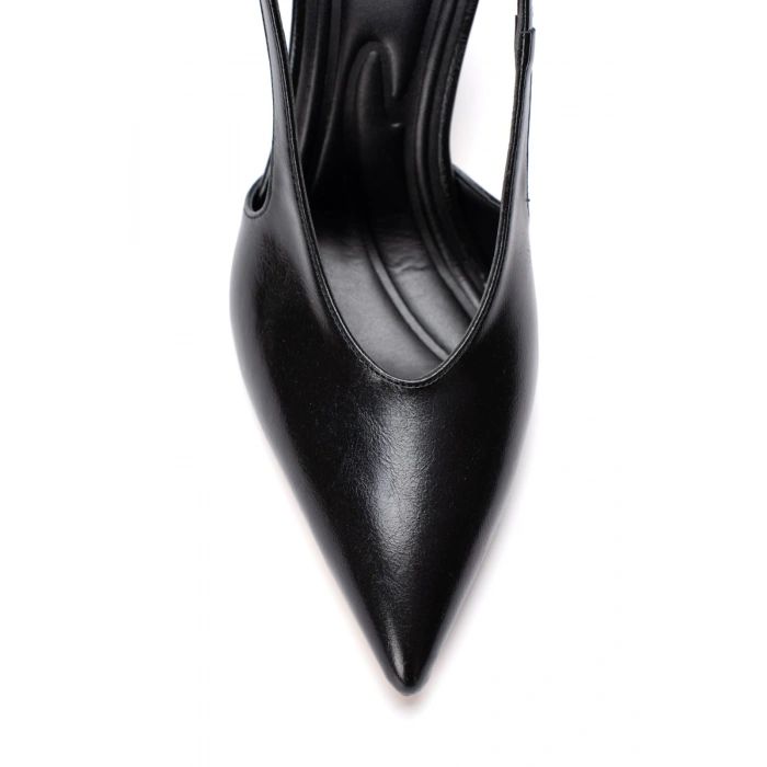 Kadın Siyah Suni Deri İnce Topuklu Sivri Burunlu Arkası Açık Şık Abiye Stiletto