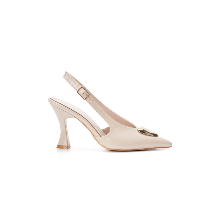 Kadın Bej İnce Topuklu Şık Toka Detaylı Sivri Burunlu Arkası Açık Şık Abiye Stiletto