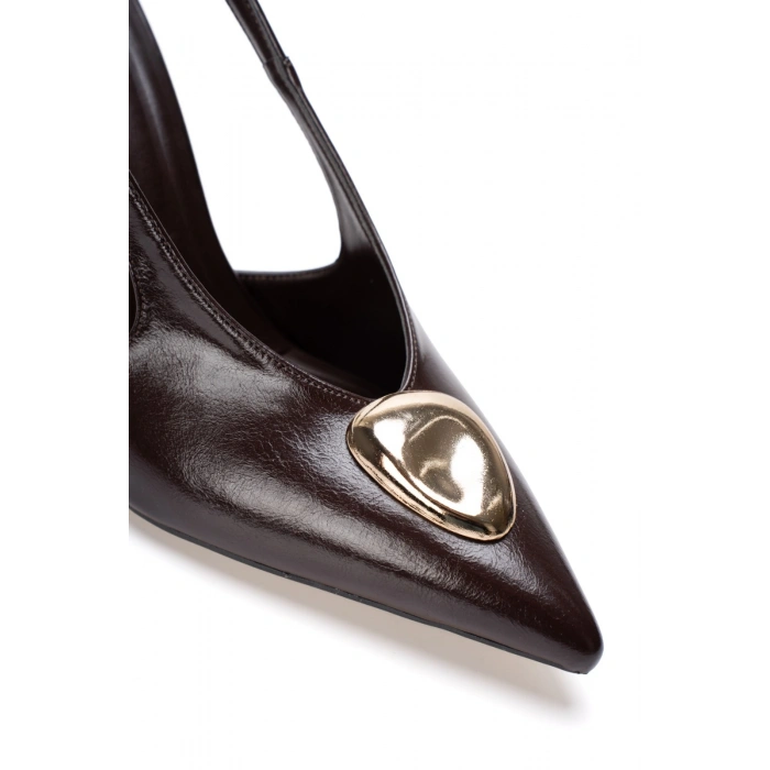 Kadın Kahve İnce Topuklu Şık Toka Detaylı Sivri Burunlu Arkası Açık Şık Abiye Stiletto