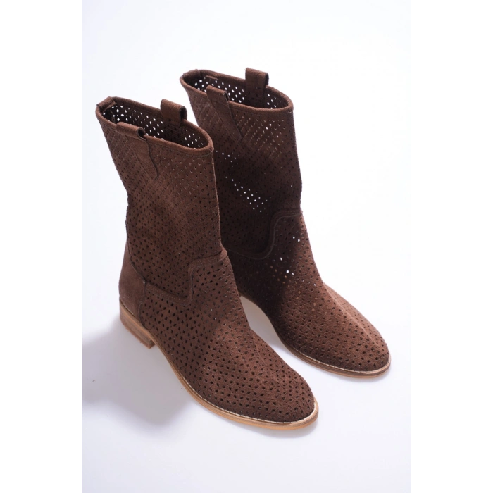 Kadın Kahverengi  Lazer Kesimli Delik Detaylı Günlük Rahat ve Şık Westren Tarzı Yazlık Bot