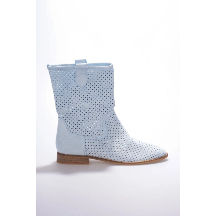 Kadın Mavi  Lazer Kesimli Delik Detaylı Günlük Rahat ve Şık Westren Tarzı Yazlık Bot