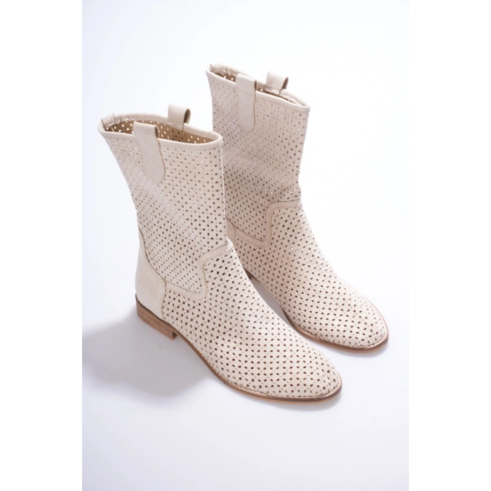 Kadın Bej Lazer Kesimli Delik Detaylı Günlük Rahat ve Şık Westren Tarzı Yazlık Bot