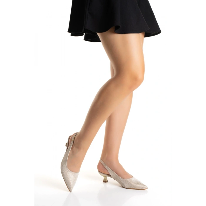 Kadın Altın Simli Arkası Açık İnce Kısa Topuklu Rahat Abiye Stiletto