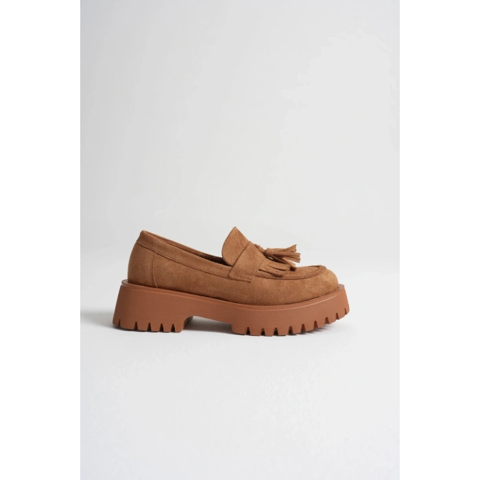 Kadın Taba Süet Kalın Tabanlı Püskül Detaylı Rahat Loafer Ayakkabı