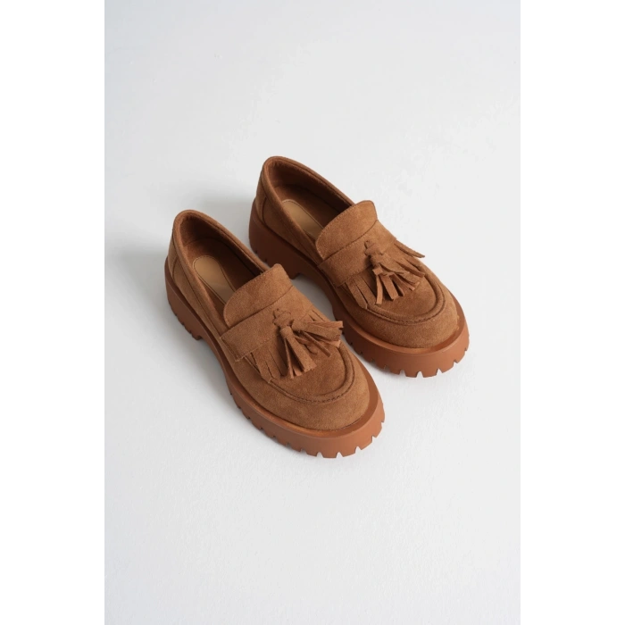 Kadın Taba Süet Kalın Tabanlı Püskül Detaylı Rahat Loafer Ayakkabı