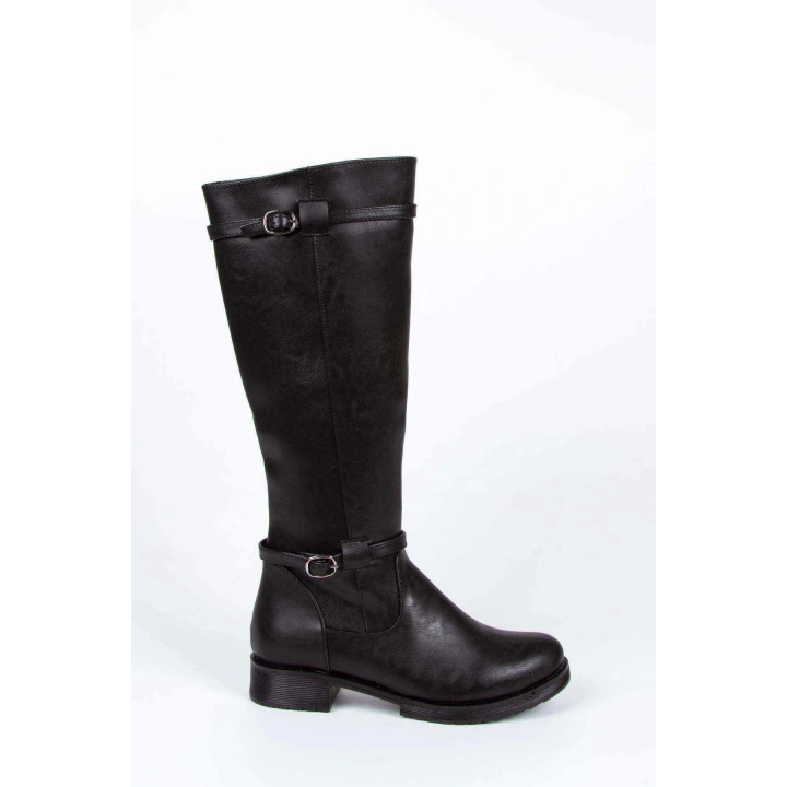 Kadın Siyah Suni Deri Cilt Çizme Uzun Çizme Çift Toka Detaylı Çizme