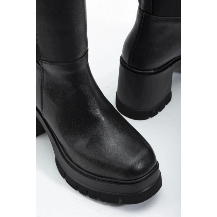 Kadın Siyah Arkası Dalgıç Esneyebilen Kumaş Kalın Hafif Tabanlı Rahat Çizme