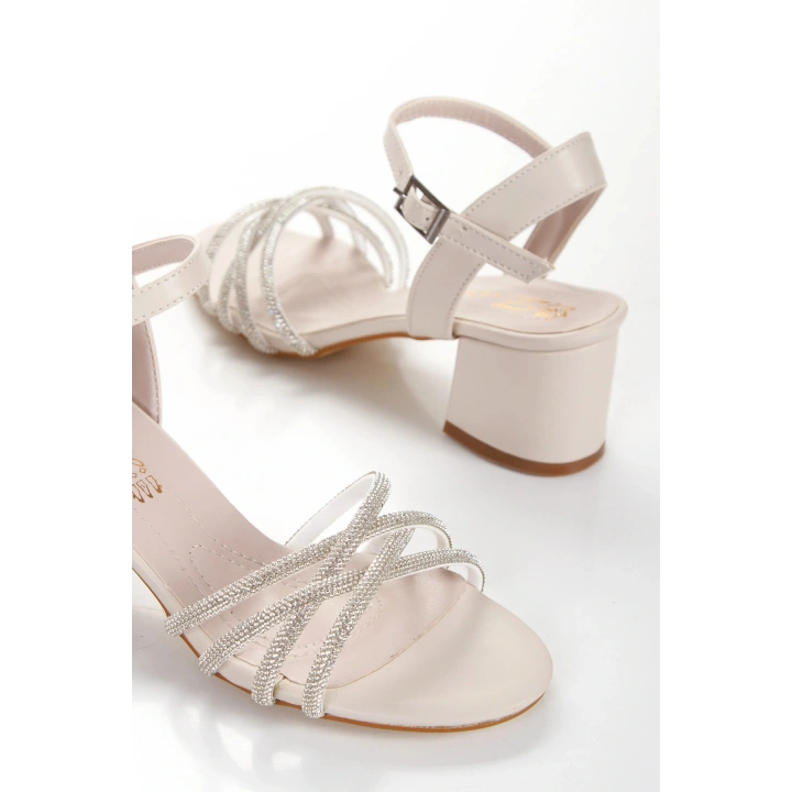 Kadın Bej Abiye Parlak Damla Taşlı Baklava Desenli Arkası Açık Yazlık Şık ve Rahat Ayakkabı