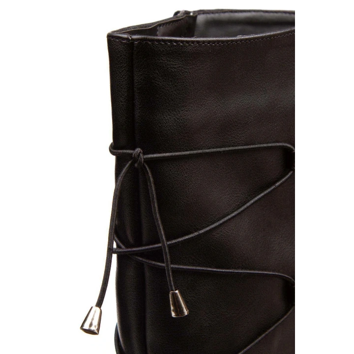 Kadın Siyah Çizme, Suni Deri Uzun Çizme, Arka Lastik Bağcıklı