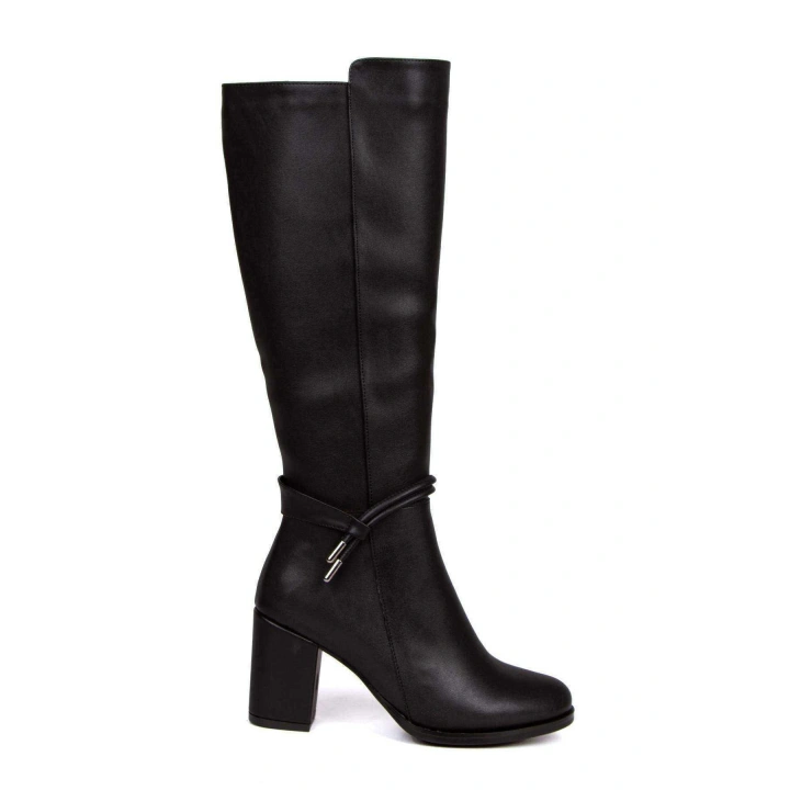 Kadın Siyah Suni Deri Cilt Çizme Şık Boncuk Detaylı Çizme Kalın Topuklu Günlük Rahat Çizme