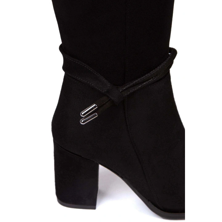 Kadın Siyah Lüx Süet Çizme Şık Boncuk Detaylı Çizme Kalın Topuklu Günlük Rahat Çizme