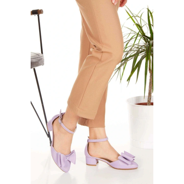 Kadın Lila (MOR) Suni Deri Cilt 3 Cm Kısa Kalın Topuklu Şık Fiyonk Detaylı Stiletto Rahat Ve Günlük