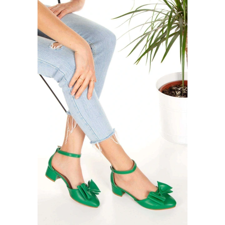 Kadın Koyu Yeşil (ZÜMRÜT) Suni Deri Cilt 3 Cm Kısa Kalın Topuklu Şık Fiyonk Detaylı Rahat Stiletto