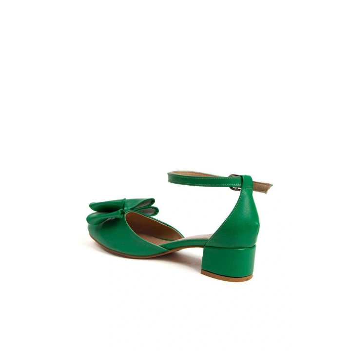 Kadın Koyu Yeşil (ZÜMRÜT) Suni Deri Cilt 3 Cm Kısa Kalın Topuklu Şık Fiyonk Detaylı Rahat Stiletto